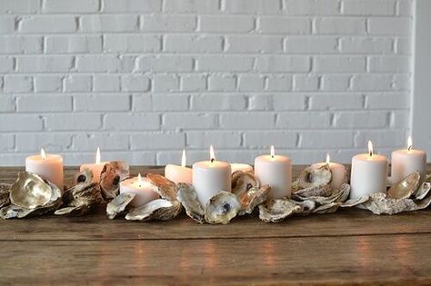 Oyster Roast Party, Oyster Shell Candle Holder, Oyster Shells Decor, Beach Centerpieces, Shell Centerpieces, Shell Candle Holder, Oyster Roast, Creative Centerpieces, Oyster Shell Crafts