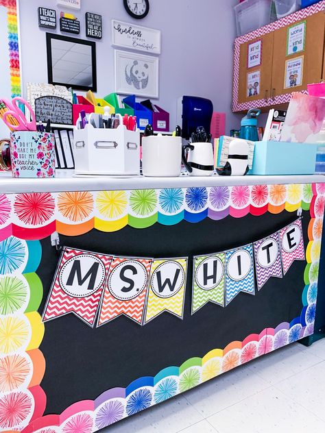 Teacher Desk Decorations Ideas, Bulletin Board Behind Teacher Desk, Bright Colored Classroom, Preschool Play Centers, Colorful Preschool Classroom Decor, Elementary Classroom Themes Colorful, Teacher Desk Decor Ideas, Primary Color Classroom Theme, Classroom Rainbow Theme