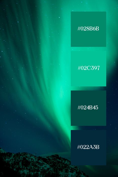 This Blue And Green Color Palette depicts the mesmerizing Northern Lights, with vivid green auroras dancing across a deep blue night sky, illustrating a dramatic and ethereal blue and green color palette. Emerald And Sapphire Color Palette, Blues And Greens Palette, Green Turquoise Color Palette, Blue And Green Colour Palette, Deep Green Color Palette, Space Oc, Happy Color Palette, Vivid Color Palette, Color Scheme Generator