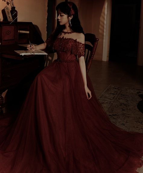 Vampire Inspired Prom Dress, Fancy Red Dress Aesthetic, Evil Dress Aesthetic, Dark Red Victorian Dress, Aesthetic Red Dress Vintage, Ballroom Gowns Aesthetic, Red Gowns Elegant Ball, Red Yule Ball Dress, Prom Dresses Deep Red