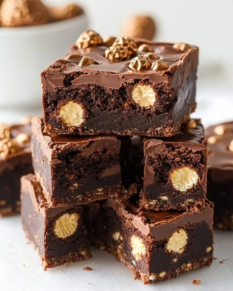 Ferrero Rocher Fudge Brownies | Ferrero Rocher Fudge, Ferrera Roche Ideas, Healthy Ferrero Rocher Balls, Walnut Brownies, Ferrero Rocher Chocolates, Fudgy Brownie, Fudge Brownies, Fudgy Brownies, Ferrero Rocher