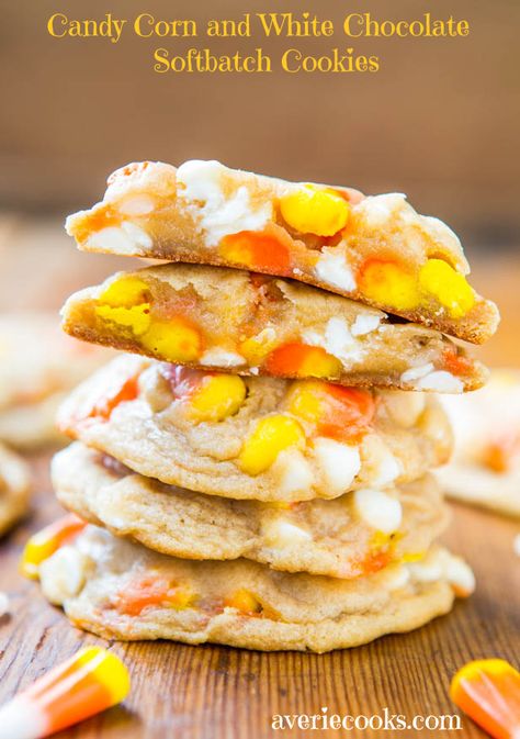 Candy Corn & White Chocolate Softbatch Cookies - Baking candy corn into supremely soft cookies is way more fun than just eating it plain! Fun & Easy Recipe at averiecooks.com Biscuits Halloween, Candy Corn Cookies, White Chocolate Candy, White Chocolate Cookies, Fun Easy Recipes, Halloween Desserts, White Chocolate Chips, Trifle, Chocolate Cookies