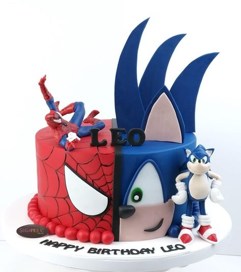 Spiderman or Sonic? #sugaholic #dubai #cake #uae #spiderman #sonic #dubaicakes #cakesindubai Sonic Spiderman Cake, Sonic And Spiderman Cake, Superhero Cake For Boys, Birthday Cake Sonic, Spiderman Cake Birthday For Kids, Tort Sonic, Sonic Cakes For Boys, Spiderman Cake Birthday, Sonic Pasta