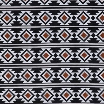 Boho Rust Aztec Apparel Fabric boasts a rust brown, black, and white geometric southwestern pattern running across its surface. Details: 	 Width: 44" - 45" 	 Weight: Lightweight 	 Country Of Origin: Pakistan 	 Content: 100% Cotton 	 Care: Machine Wash, Cold, Wash Separately, Remove Promptly; Do Not Soak Or Leave Fabric Wet In Washer; Tumble Dry, Low; Use Cool Iron 	 Flammability Note: Not For Sleepwear Available in 1-yard increments. Average bolt size is approximately 7 yards. Price displayed is Southwest Fabric, Southwestern Fabric, Aztec Fabric, Woodland Fabric, Southwestern Patterns, Boho Fabric, Geometric Fabric, Kids Fabric, Indian Fabric