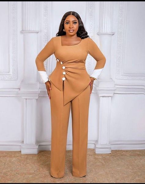 Office Tops For Ladies, Cooperate Wears Ideas For Ladies, Two Pieces Trouser And Top, Two Piece Outfits Pants Classy, Classy Jumpsuit Outfits, Stylish Workwear, Simple Dress Styles, Office Wears, Classy Short Dresses