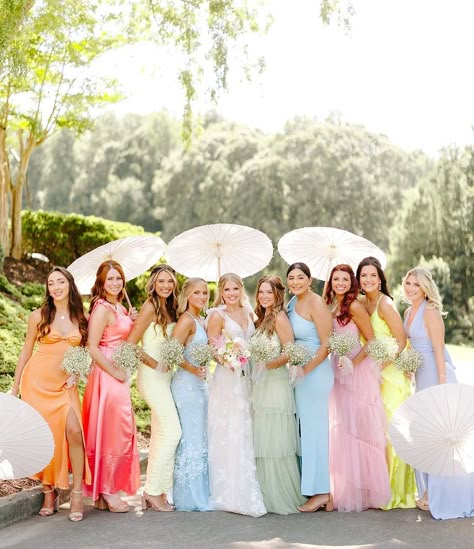 Rainbow Bridesmaid Dresses, Bright Bridesmaid Dresses, Rainbow Bridesmaids, Colorful Bridesmaids, Pastel Wedding Theme, Garden Wedding Bridesmaids, Pastel Bridesmaids, Mix Match Bridesmaids, Wildflower Wedding Theme