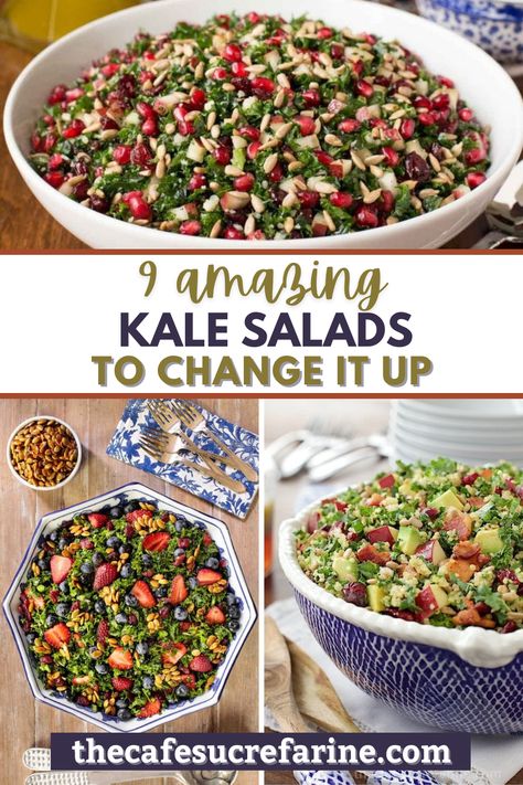 Try any of these 9 Amazing Kale Salads to Change it Up for your next dinner or lunch! If you’ve ever felt like you’re in a salad rut and making the same boring thing over and over, you have got to check out these salads. Each one is fresh and flavorful with tender and delicious kale in every bite! Salads With Kale, Strawberry Kale Salad, Best Kale Salad, Kale Salads, Cauliflower Couscous, Easy Butternut Squash, Delicious Sides, Kale Salad Recipes, Hearty Lunch