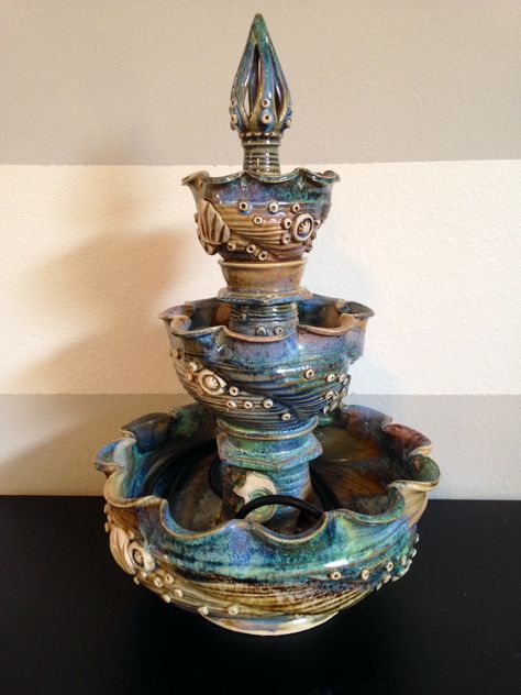 Beautiful Handmade Ceramic fountain, perfect for a relaxing environment. So Much Talent!! made by Christopher James Cournoyer Pottery Fountain Water Features, Ceramic Fountain Handmade, Ceramic Fountains Pottery, Clay Fountain, Pottery Fountain, Ceramic Water Fountain, Ceramic Fountain, Small Water Fountain, Water Wall Fountain