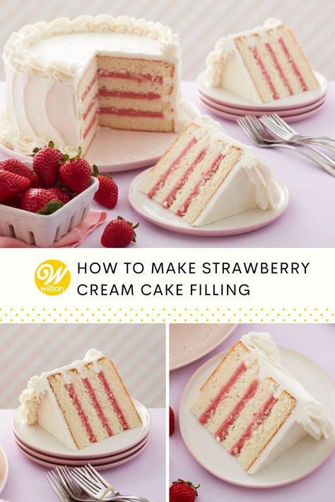 Elevate your cakes and cupcakes with this easy to make, delicious strawberry cream cake filling. Made with thawed frozen strawberries, this strawberry cream cake filling gives your favorite chocolate, lemon and vanilla cakes and cupcakes a sweet surprise! #wiltoncakes #baking #decorating #strawberry #cream #cakefilling #cake #cupcakes #howto #filling #recipe Strawberry Moose For Cake Filling, Marble Cake With Strawberry Filling, Vanilla Cake With Strawberry Filling And Cream Cheese Frosting, Strawberry And Cream Cake Filling, White Cake With Strawberry Frosting, Strawberry Vanilla Cake Decoration, Strawberry Mousse Filling For Cake, Wedding Cake With Strawberry Filling, Strawberry Ganache Cake