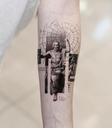 Socrates Tattoo, Jacques Louis David, Socrates, Tree Tattoo, Artist On Instagram, Black And Grey Tattoos, Tattoo Artist, Geometric Design, Triangle Tattoo