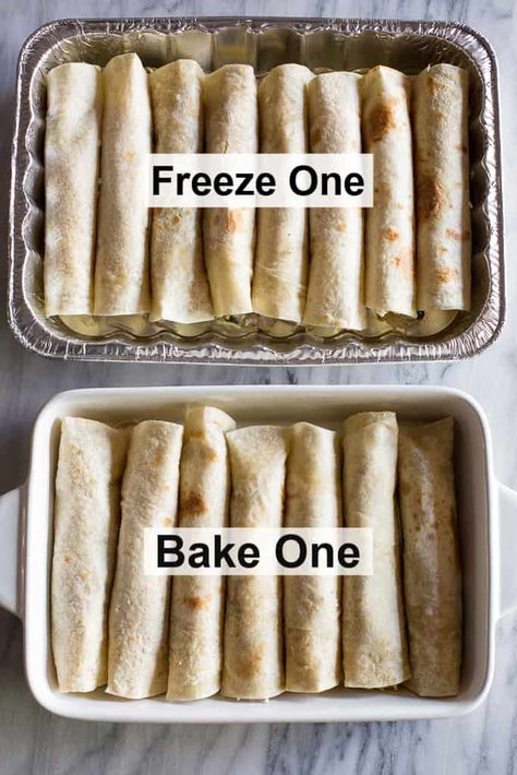 Freezer Friendly Chicken Enchiladas, Chicken Enchiladas To Freeze, How To Freeze Enchiladas, Freezable Chicken Meals, Chicken Make Ahead Meals, Freezer Enchiladas Chicken, Make Ahead Family Dinners, Chicken Freezer Meals Make Ahead, Make Ahead Chicken Enchiladas