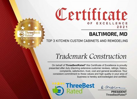 We at Trademark Construction are happy to announce our big win! Trademark Construction has been chosen as one of the three best kitchen remodeling cabinet companies in Baltimore. ThreeBest Rated took into consideration all the significant business aspects, and we outshone them all! #Trademarkconstruction #kitchenremodeling #kitchenrenovation #Baltimore #professionalcontractor #homerenovation #bathroomremodeling #ConstructionCompanyBaltimore #HomeRemodellingBaltimore #KitchenReconstruction Certificate Of Excellence, Dental Images, Dental Aesthetics, Business Lawyer, Auto Body Shop, Emergency Care, Best Dentist, Computer Repair, Anger Management