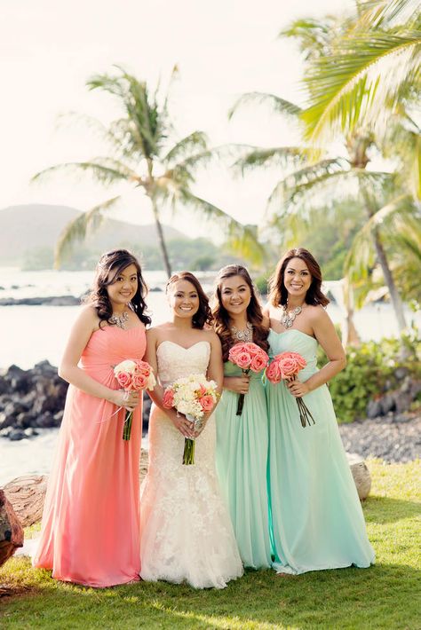 Romantic, Rustic Coral & Seafoam Green Maui Beach Destination Wedding Color Duos, Beach Wedding Reception, Wedding Color Inspiration, Summer Wedding Colors, Coral Wedding, Mint Wedding, Mom Wedding, Beach Destination Wedding, Peach Wedding