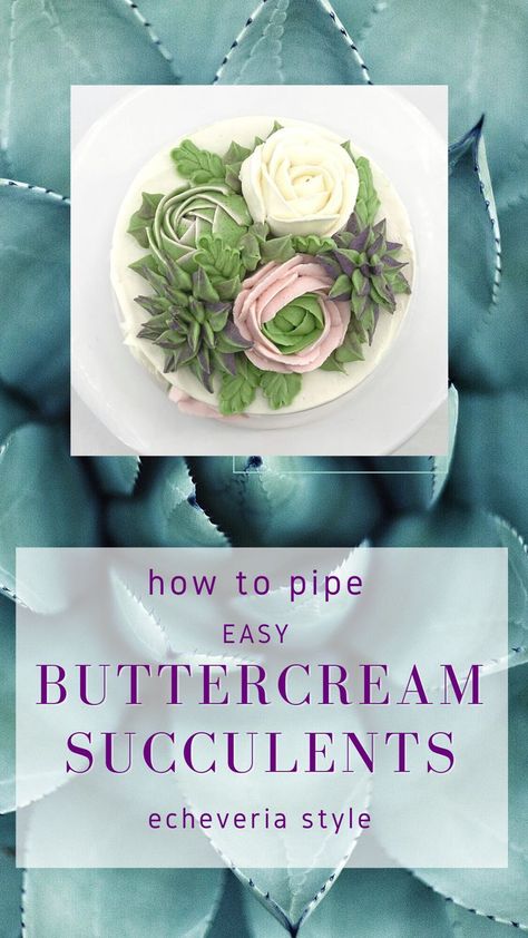 This buttercream succulent is piped with a very simple technique, and looks beautiful! I've paired green with purple in this video, but it would look stunning in any color scheme - just like real succulents! We will use a 352 tip or nozzle in this tutorial video, but any size leaf-style tip will give a similar effect. Need a reliable vanilla buttercream frosting recipe for piping? Check out my website! Blooming Buttercream Recipe, Piping Succulents Tutorial, Succulent Piping Tips, Leaf Frosting Tip, Royal Icing Succulents Tutorial, Buttercream Succulents, Buttercream Succulents Tutorial, Frosting Flowers, Succulent Cake