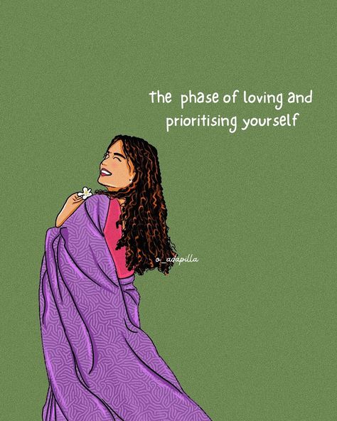 The phase loving yourself🤌🏻🌸 . . Art by @o_adapilla Follow for more 🫶 . . #love #selflove #quotesoftheday #illustration #artist #instagram #o_adapilla #doc_sparkling #explore #india #sareelove #artoftheday Self Love Cute Illustration, Self Motivation Quotes Woman, Just Love Yourself Quotes, Drawing With Thoughts, Profile Picture For Artist, Self Love Illustration Art Aesthetic, Aesthetic Quotes For Girls, Positive Girl Aesthetic, Best Quotes For Dp