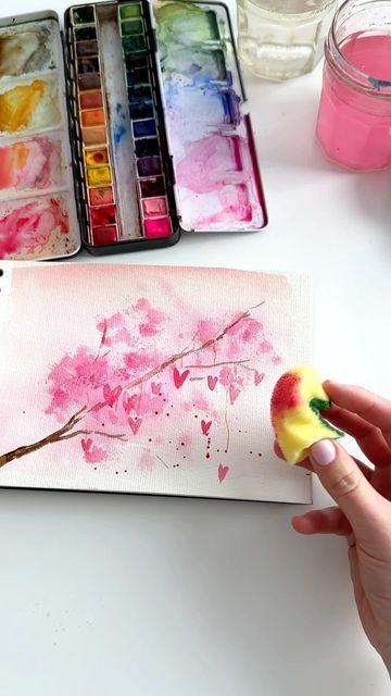 Anna Koliadych on Instagram: "Blossom of Love 💕🌸🥰 with Watercolors 🎨: An Easy and Fun Way to Use a Sponge 🧽 for Creating a Blossoming Effect. #watercolor #watercolortutorial #watercolorpainting #valentines #valentinesday" Painting With Sponges, Valentines Watercolor, Sponge Painting, Watercolor Painting Techniques, January 20, Watercolour Tutorials, Painting Techniques, Watercolor Painting, Art Ideas