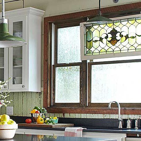 kitchen window Rustic Window Treatments, Old Window Projects, Old Window Frames, Antique Stained Glass Windows, Repurposed Windows, Hanging Stained Glass, Old Window Frame, Window Stained, Gardens Ideas