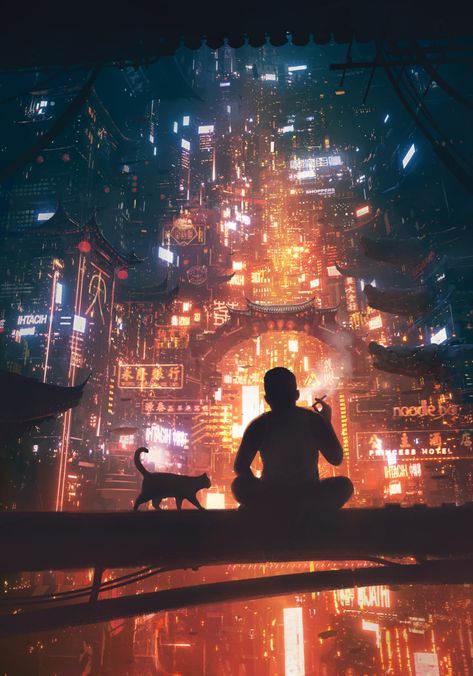 ArtStation - Chinatown, Daniel Liang City At Night, Cyberpunk, At Night, The City, Building, Art