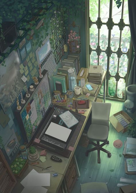 Anime Study, Artist Workspace, Witch Room, Bedroom Drawing, Anime Room, Fantasy Art Landscapes, Dreamy Art, Environment Concept Art, Computer Wallpaper