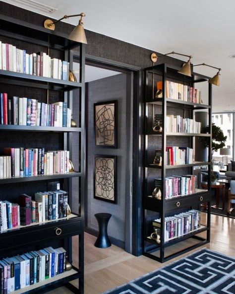 Design Detail: Library Lights Gallerie B Black Bookcase, Black Rooms, Home Theaters, Book Shelves, Home Libraries, Design Del Prodotto, Style At Home, Book Stuff, A Living Room