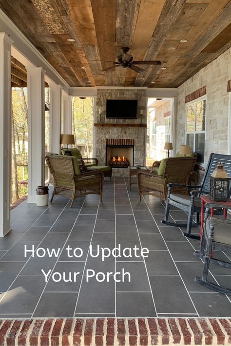 Barnwood Ceiling, Porch Transformation, Patio Ceiling Ideas, Outdoor Tile Patio, Hardie Board, Patio Remodel, Screened Porch Designs, Porch Fireplace, Porch Tile