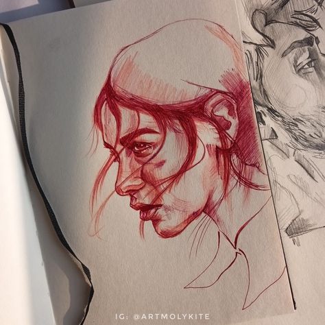 Red Pen Sketch, Red Pen Drawings, Red Sketch, Red Inspiration, Drawings Inspo, Inspiration Artwork, Pastel Pen, Human Sketch, Portrait Reference