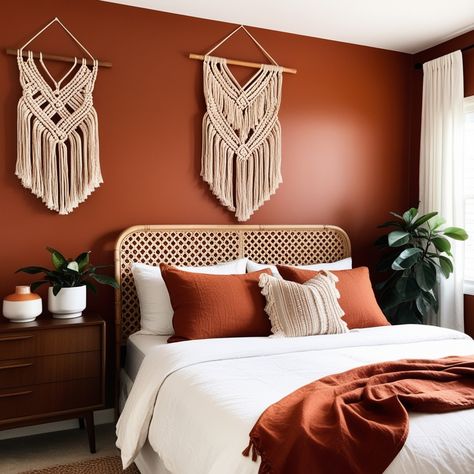 Orange And Gold Bedroom, Burnt Orange Bedroom Walls, Black And Terracotta Bedroom, Burnt Orange Bedroom Ideas, Bedroom Furniture Arrangement, Orange Bedroom Walls, Orange Bedroom Ideas, Burnt Orange Bedroom, Orange Accent Walls