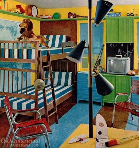 15 fun retro ways to decorate a child's bedroom with real '60s style - Click Americana Vintage Boys Room, Childrens Bedroom Decor, Retro Bedrooms, Retro Interior Design, Modern Kids Room, Black Comedy, 60s Style, Kids Bedrooms, Retro Interior