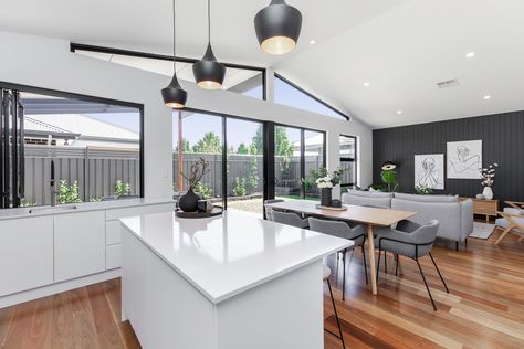 open plan back of house Spotted Gum Flooring, Kitchen Dining And Living Room, Raked Ceiling, Open Plan Kitchen Dining Living, Open Plan Kitchen Dining, Built In Robes, Real Estate Office, Dining And Living Room, Quality Curtains