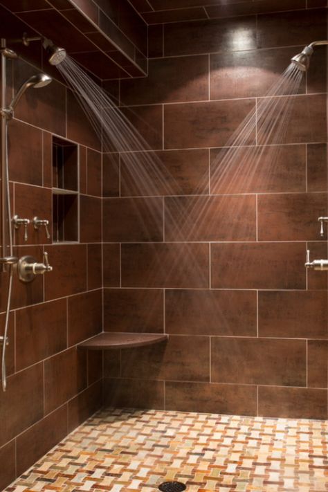 This shower would be perfect. Double shower head but not too big. Nice and cozy. :-) Dream Shower, Creative Bathroom, Double Shower, Transitional Bathroom, Dream Bathrooms, Tile Ideas, Bathroom Tile, Remodel Bedroom, Bath Remodel