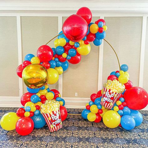 Yellow Balloon Arch, Carnival Theme Birthday Party, Circus Baby Shower Theme, Carnival Birthday Theme, Popcorn Theme, Carnival Baby Showers, Circus Birthday Party Theme, Balloon Arch Decorations, Carnival Birthday Party Theme