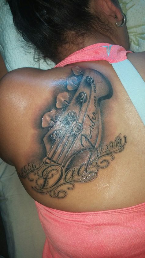 Tattoo I got in memory of my Dad. Musical Memorial Tattoos, Memorial Neck Tattoos, Dad Tattoo In Memory Of, Rip Tattoos For Dad, Grandpa Memorial, Tattoos For Dad Memorial, Memory Tattoos, In Loving Memory Tattoos, Guitar Tattoo Design