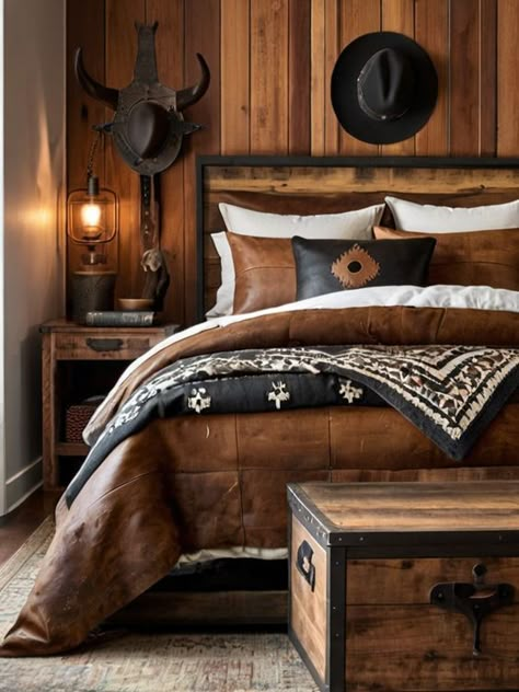 Western bedroom Ideas is about establishing a space that expresses your individuality and serves as a haven from the daily grind. It’s not just about looks. Whether you choose a more sophisticated ranch-inspired style or tough cowboy chic, there’s something deeply reassuring about surrounding yourself with objects that carry the essence of the Old West. Yellowstone Inspired Home Decor, Bedroom Ideas Country Style, Mens Western Bedroom, Yellowstone Bedroom Ideas, Western Gothic Decor Bedroom, Vintage Western Bedroom Ideas, Western Style Room, Western Master Room Bedroom Ideas, Barndo Bedroom