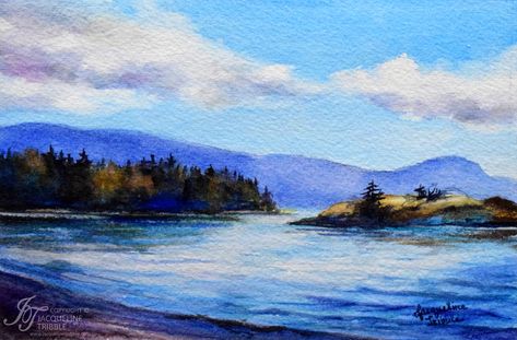 Mini watercolor painting of Fishing Bay on Orcas Island by PNW artist Jacqueline Tribble. www.jacquelinetribble.com . . #watercolor #watercolour #watercolour #watercolorpainting #watercolorlandscape #watercolorseascape #seascape #orcasisland #sanjuanislands #jacquelinetribble #wastate #pnw #pacificnorthwest #northwest #pnwart #northwestwallart #wallart #ocean #beach #bluesky #clouds #wanderlust #watercolordaily #blue #purple #miniart #4x6inches #eastsound #painting #landscapepainting Pacific Northwest Landscape, Northwest Landscaping, Mini Watercolor, Orcas Island, Bainbridge Island, San Juan Islands, Watercolor Landscape Paintings, Ocean Beach, Watercolor Landscape