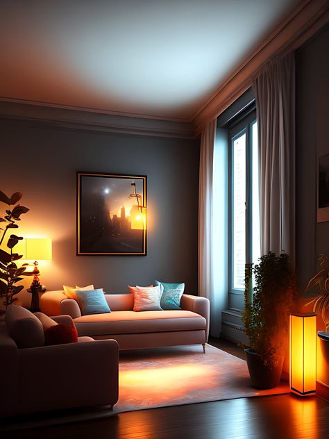 Transform your living room with the perfect lighting! Warm white bulbs create a cozy, inviting atmosphere for relaxation and entertainment. Cool white bulbs offer a refreshing, modern vibe, perfect for showcasing your space. Experiment and find the ideal light to set the mood in your living room oasis! ✨🏡 #LivingRoomLighting #HomeDecor #InteriorDesign #CozyAmbiance #ModernVibe Dim Lit Living Room, Ambient Lighting Living Room Night, Living Room Mood Lighting, Ambient Lighting Living Room, Male Apartment, Mood Lighting Living Room, Room Oasis, Family Room Lighting, Dark Rooms