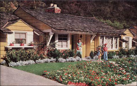 Check out the front diamond pane windows:  1950s Ranch - Storybook Style by American Vintage Home, via Flickr Ranch Home Exteriors, Storybook Ranch, California Ranch Style Homes, Modern Ranch Style Homes, Storybook House, Ranch House Exterior, Storybook Homes, Mid Century Ranch, California Ranch