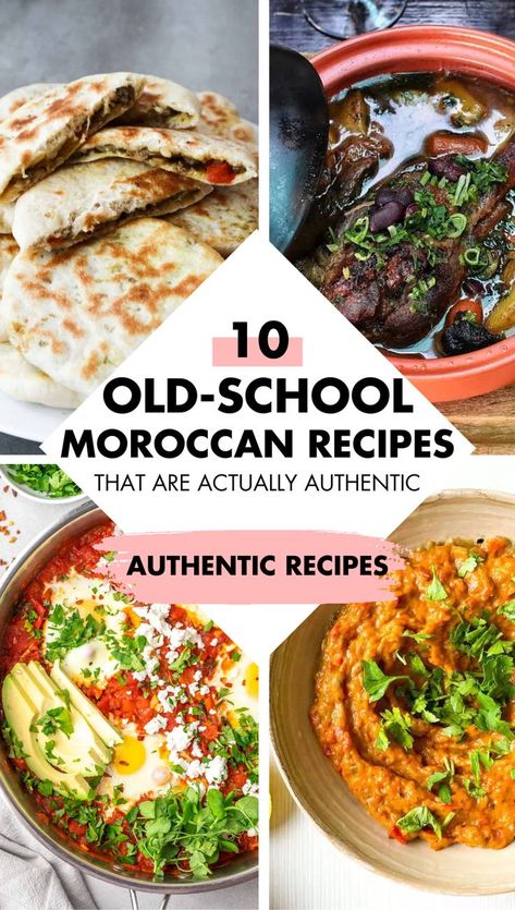 Collage pin image for authentic Moroccan food. It shows two images up top and two images down below. In the middle is a white diamond shape with a title inside. The title reads, "10 Old-School Moroccan Recipes That Are Actually Authentic." Then towards the bottom of the white diamond is a pink paint brush stroke with the words over it, "Authentic Recipes." It also shows recipes like Lamb Shank Tagine. Moroccan Cuscus Recipes, Other Country Recipes, Moroccan Meal Prep, Traditional Moroccan Dishes, Mediterranean Recipes Authentic, Authentic Moroccan Recipes, Moroccan Ramadan Recipes, Moroccan Cuisine Recipes, International Cuisine Recipes