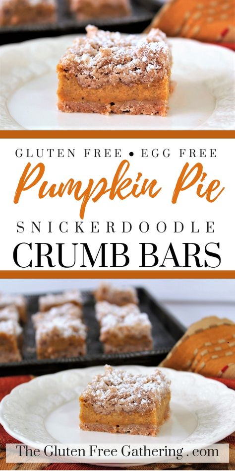 Egg Free Pumpkin Pie, Gluten Free Desserts Thanksgiving, Gluten Free Pumpkin Bars, Gluten Free Pumpkin Recipes, Egg Free Desserts, Pumpkin Filling, Gluten Free Pumpkin Pie, Crumb Bars, Gluten Free Thanksgiving