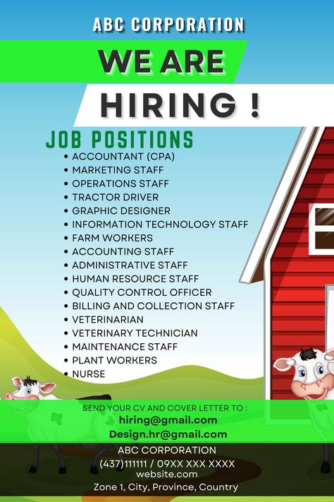 An editable hiring poster for dairy farms Agriculture Poster, Were Hiring, Project Poster, Hiring Poster, Cpa Marketing, Veterinary Technician, Dairy Farms, We Are Hiring, We're Hiring