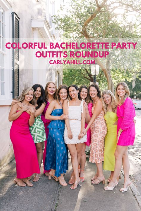 Colorful Bachelorette Party Outfits Roundup Bright Colored Bachelorette Outfits, Bachelorette Colorful Outfits, Floral Bachelorette Party Outfits, Savannah Bachelorette Outfits, Bachelorette Party Outfit Ideas Group, Bachelorette Coordinating Outfits, Florida Bachelorette Outfits, Bright Bachelorette Party Outfits, Bright Color Bachelorette Party Outfits