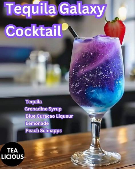 Galaxy Drink, Galaxy Cocktail, Justine Kameron, Blue Curacao Liqueur, Bartender Drinks Recipes, Fun Drinks Alcohol, Cocktail Drinks Alcoholic, Party Drinks Alcohol, Mixed Drinks Alcohol