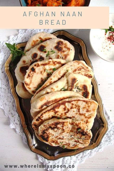 An easy Afghan naan bread recipe, fluffy homemade naan made with yogurt, perfect for any kind of curry or stew. #whereismyspoon #afghannaanbread #naanbread #naan #afghanfood Naan Bread With Yogurt, Bread With Yogurt, Afghanistan Food, Afghan Recipes, Afghani Food, Naan Bread Recipe, Homemade Naan, Homemade Naan Bread, Afghan Food Recipes