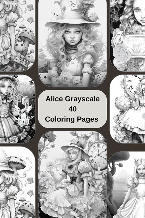 Whimsical Wonderland Coloring Book: Explore Alice's adventures in enchanting grayscale illustrations, perfect for coloring enthusiasts ! #coloring pages #coloring book Alice In Wonderland Coloring Book, Grayscale Coloring Pages For Adults Free Printable, Detailed Coloring Pages For Grown Ups, Alice In Wonderland Coloring Pages, Greyscale Coloring Pages, Scary Coloring Pages, Coloring Pages For Grown Ups, Grayscale Coloring Books, Grayscale Coloring Pages