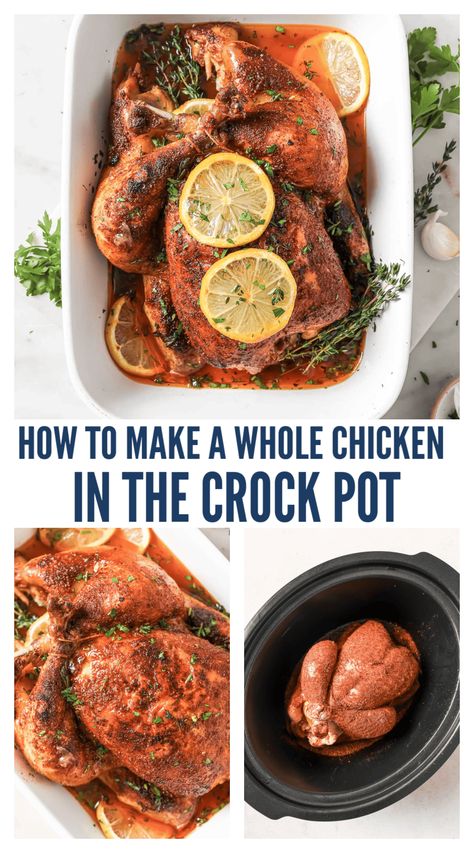 If you're wondering how to cook a whole chicken in the crockpot, this easy recipe with a smokey garlic spice mix is for you. It's perfectly browned on the outside, juicy on the inside, and has lovely hints of sweet lemon in every juicy bite. #chickendinner #crockpotrecipe #wholechicken #crockpotchicken #easychickenrecipe #mealprepideas Whole Chicken In The Crockpot, Crockpot Whole Chicken Recipes, Chicken In The Crockpot, Cook A Whole Chicken, Learning How To Cook, Cooking Whole Chicken, Whole Chicken Recipes, Crock Pot Chicken, Crockpot Dishes