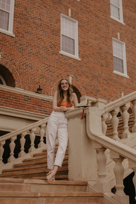 Oklahoma State University Graduation Pictures, Staircase Senior Pictures, Oklahoma State Graduation Pictures, Senior Photos On Campus, College Campus Senior Pictures, Rice University Photo Shoot, College Senior Pictures On Campus, Utk Graduation Photos, College Campus Photoshoot