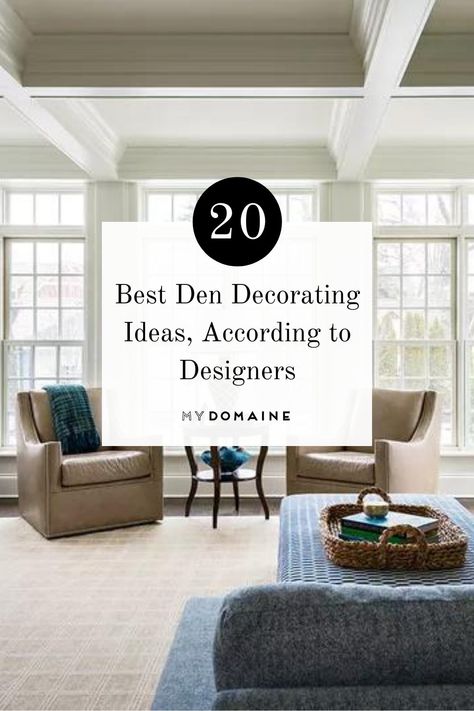 Ideas For Den Area, Decorating Odd Spaces, How To Decorate A Den Area, Condo Den Ideas, Den Designs Ideas, Den Room Ideas Small Office, Small Den Decorating Ideas, Living Room With Two Seating Areas, Small Den Ideas