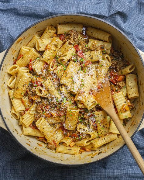 Tomato & Lamb Rigatoni — ross cooks things — Ross Yoder Lamb Rigatoni, Pasta Varieties, Recipe Generator, Ground Lamb, Tomato Juice, Crushed Red Pepper, Lamb Recipes, Rigatoni, Grated Parmesan Cheese