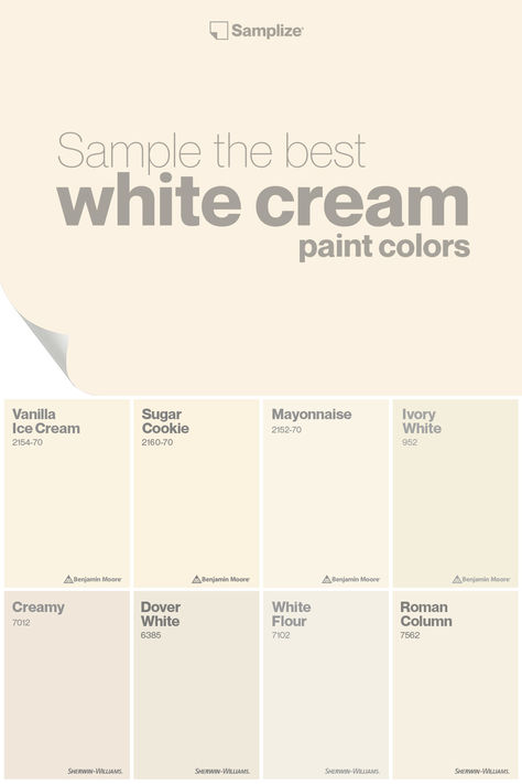 Sample the best white cream paint colors with Samplize! Cream White Wall Color, Cream Coloured Walls, Cream White Paint Colors, Wall Cream Color, Cream Paint Living Room, White Cream Color Palette, Warm Cream Paint Colors, Cream White Interior, Hall Colour Ideas