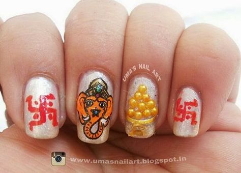 Uma's Nail Art: Lord Ganesha Nails.... Ganesh Nail Art Ideas, Ganesha Nail Art Designs, Ganesh Chaturthi Nail Art Designs, Ganesha Nail Art, Ganesh Chaturthi Nail Art, Ganpati Nail Art, Ganpati Nails, Festive Nails Indian, Lily Nails