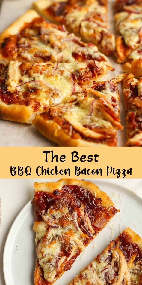 Pizza Night just got better with BBQ Chicken Bacon Pizza! This classic pizza recipe includes my simple homemade dough, barbecue sauce, rotisserie chicken, bacon, sliced red onion, and plenty of cheese. Homemade pizza that's BIG on flavor! Canadian Bacon Pizza, Chicken Bacon Pizza, Barbecue Chicken Pizza Recipe, Bbq Chicken Pizza Recipe, Bacon Bbq Sauce, Best Bbq Chicken, Chicken Pizza Recipe, Barbecue Chicken Pizza, Onion Pizza